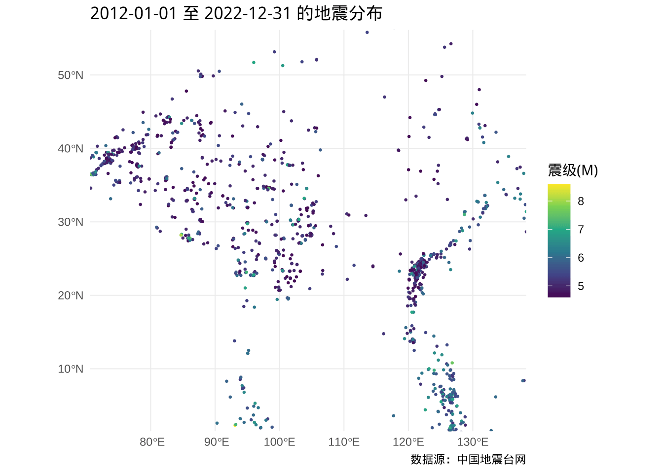 中国及周边近 10 年的地震分布