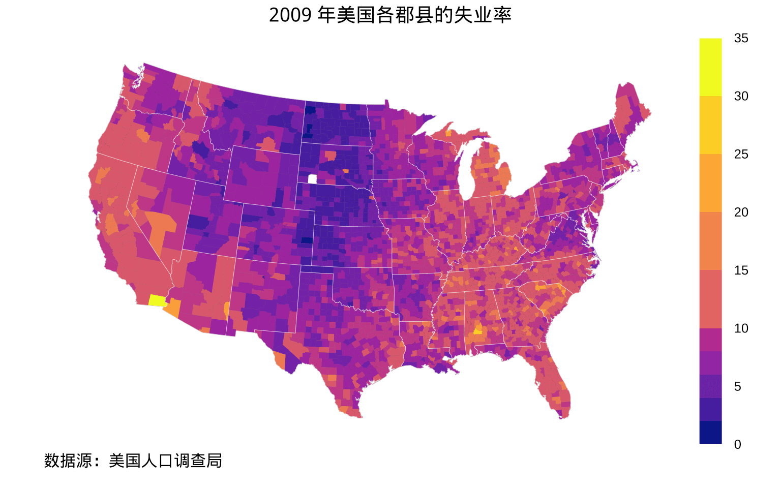 2009 年美国各郡县的失业率分布