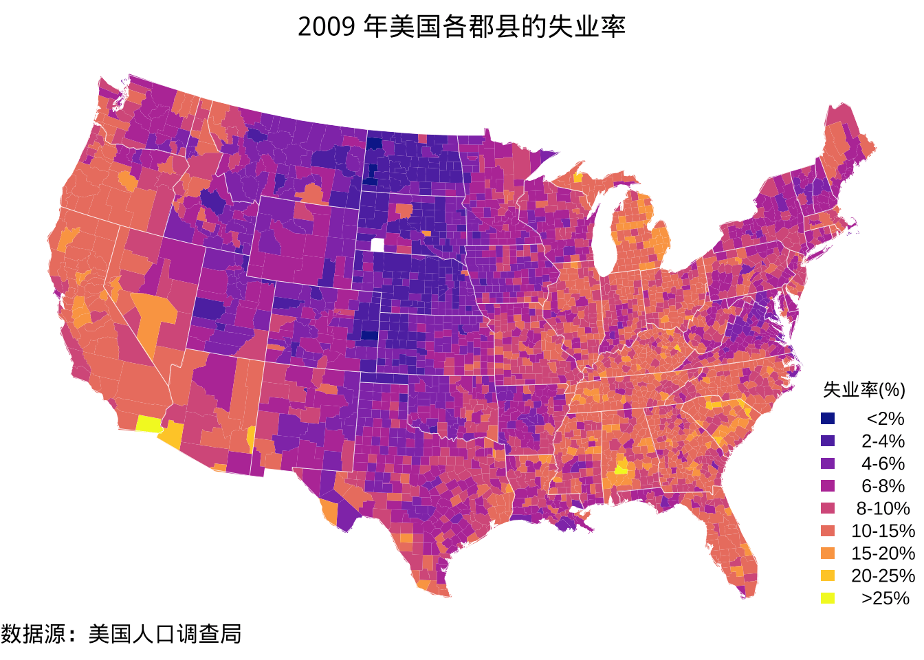 2009 年美国各郡县的失业率分布