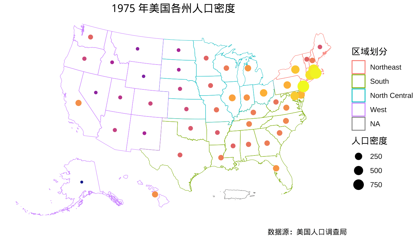 1975 年美国各州人口密度